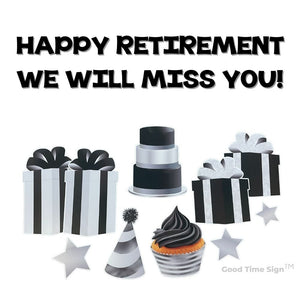 Evansville Yard Card Sign Rental Retirement - Black/White/Silver Theme