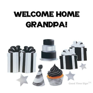 Evansville Yard Card Sign Rental Welcome Home - Black/White/Silver Theme